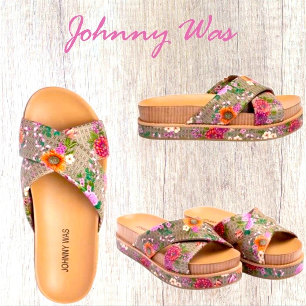 Johnny Was Jenna X Band Slide Platform Sandals, NWT, size 10